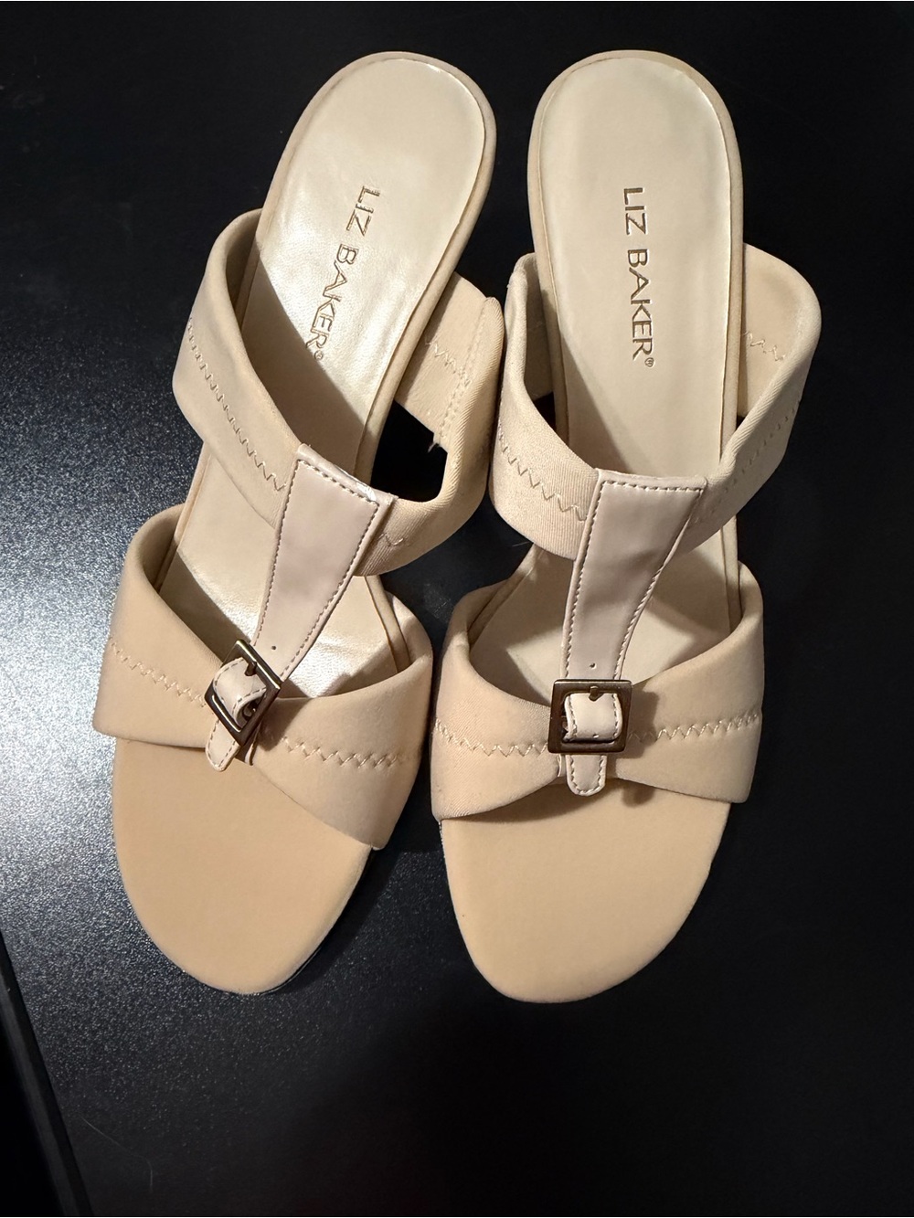 Liz Baker Beige Slide Mules with Buckle Accent